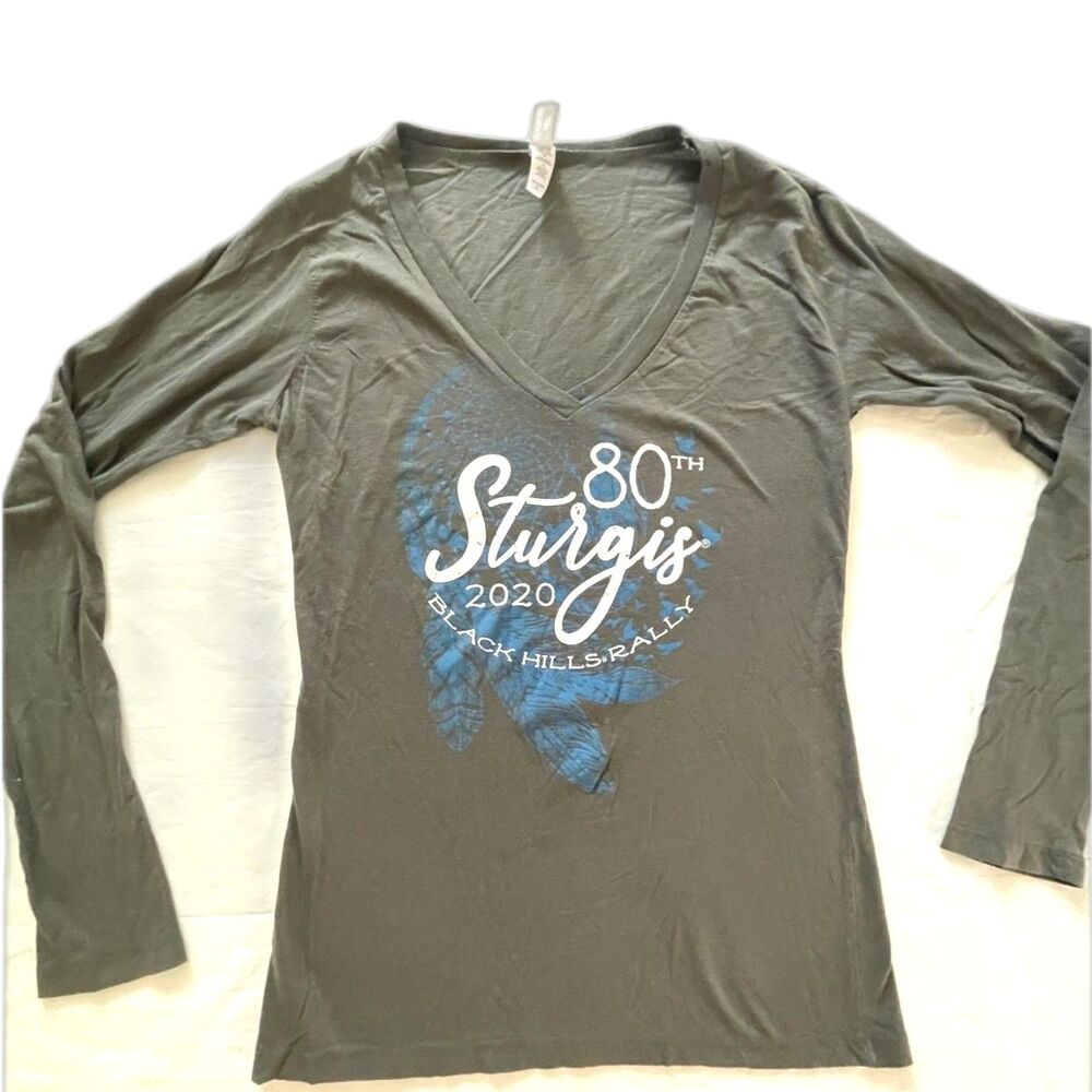 Sturgis 2020 Women's Long Sleeve V-Neck T-Shirt Motorcycle Harley Cotton Top XL